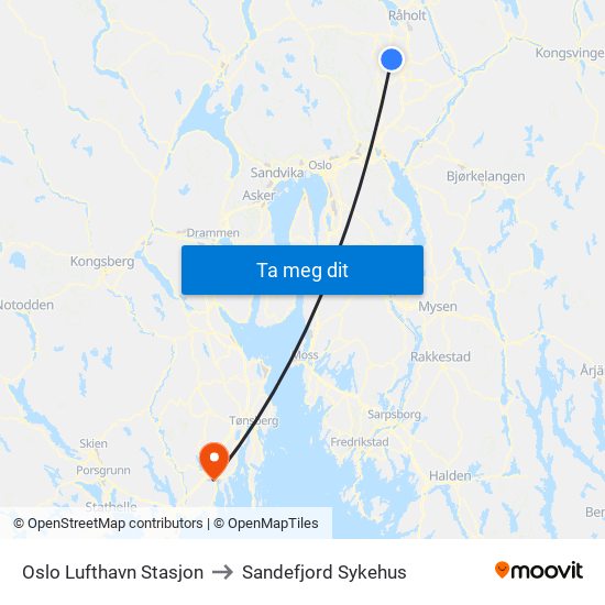 Oslo Lufthavn Stasjon to Sandefjord Sykehus map
