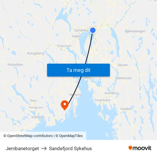 Jernbanetorget to Sandefjord Sykehus map