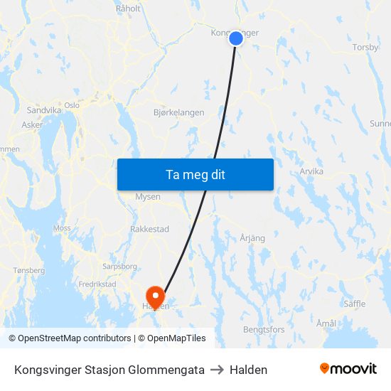 Kongsvinger Stasjon Glommengata to Halden map