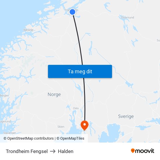 Trondheim Fengsel to Halden map