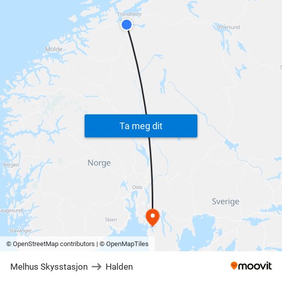 Melhus Skysstasjon to Halden map