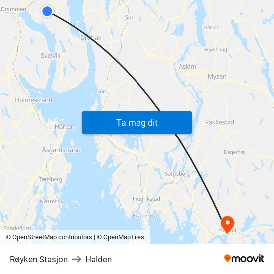 Røyken Stasjon to Halden map