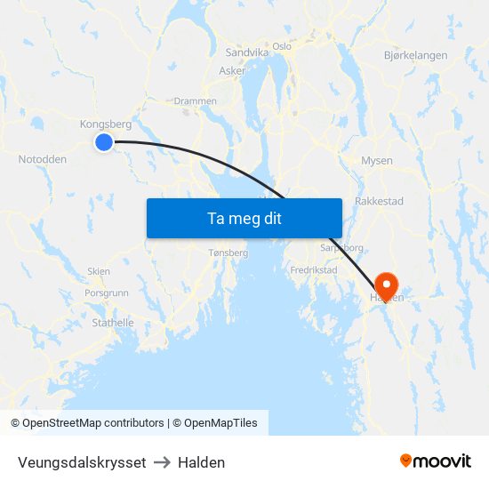 Veungsdalskrysset to Halden map