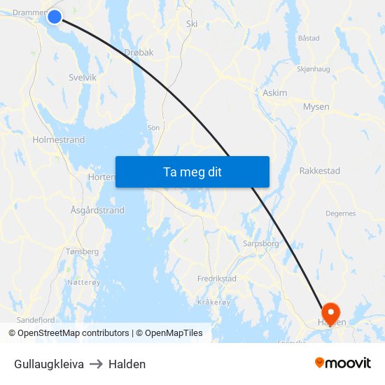 Gullaugkleiva to Halden map