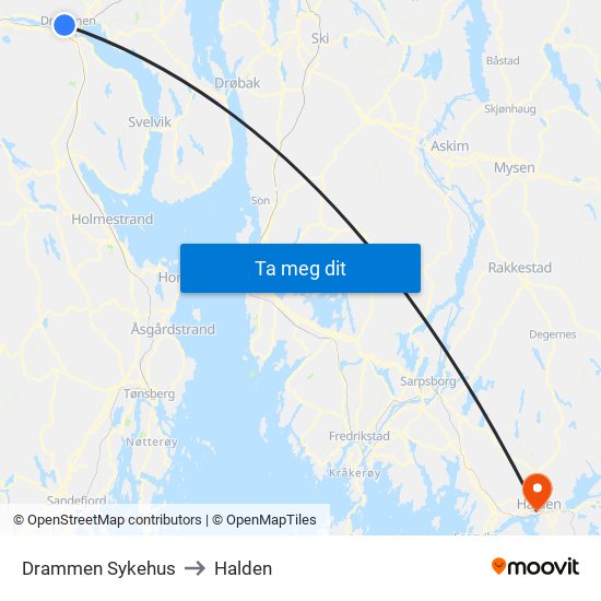 Drammen Sykehus to Halden map