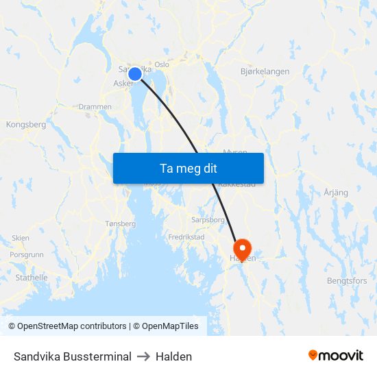 Sandvika Bussterminal to Halden map