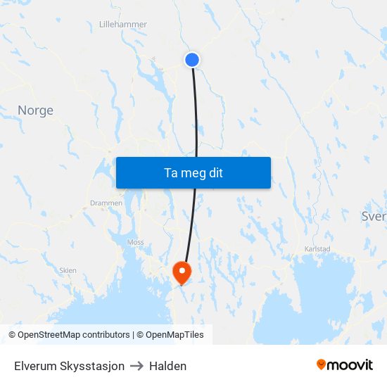 Elverum Skysstasjon to Halden map