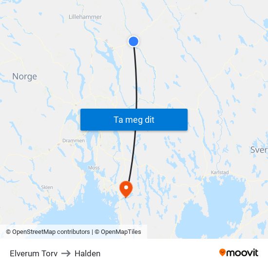 Elverum Torv to Halden map