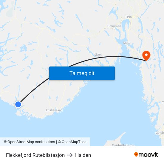 Flekkefjord Rutebilstasjon to Halden map