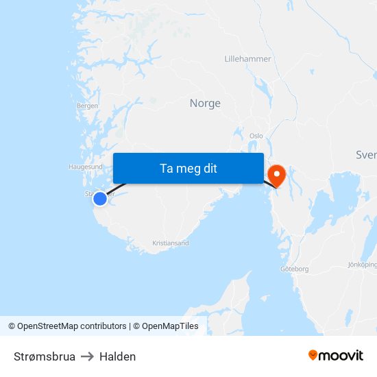 Strømsbrua to Halden map