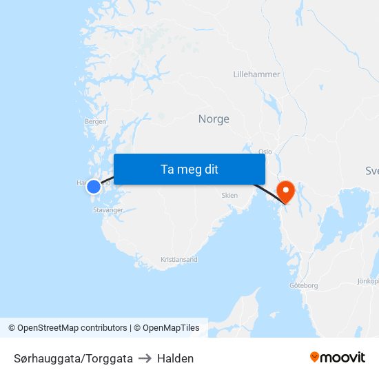 Sørhauggata/Torggata to Halden map
