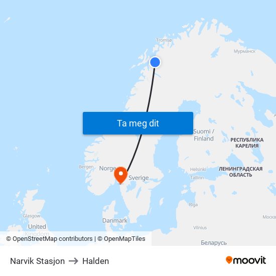 Narvik Stasjon to Halden map