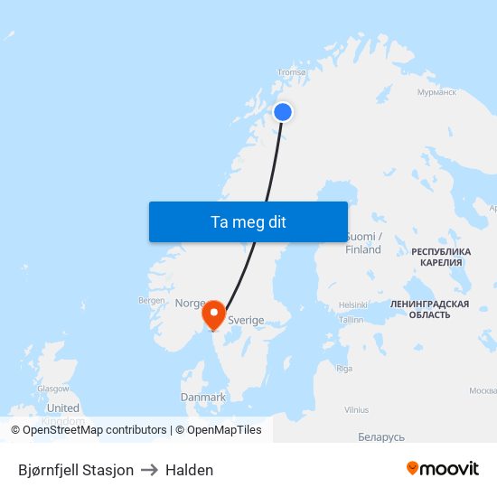 Bjørnfjell Stasjon to Halden map