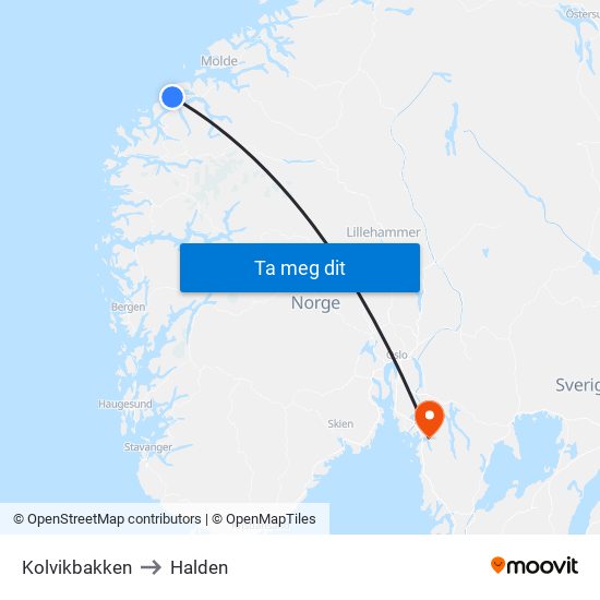 Kolvikbakken to Halden map