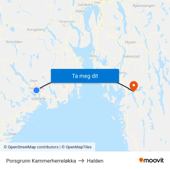 Porsgrunn Kammerherreløkka to Halden map