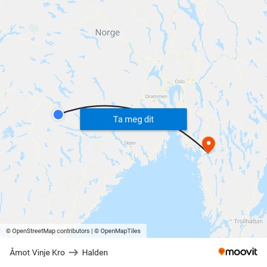 Åmot Vinje Kro to Halden map