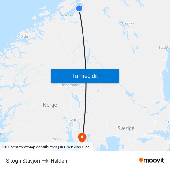 Skogn Stasjon to Halden map