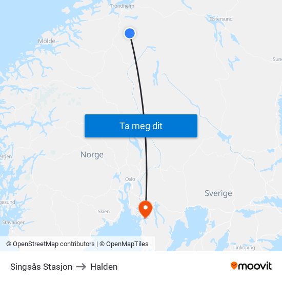 Singsås Stasjon to Halden map