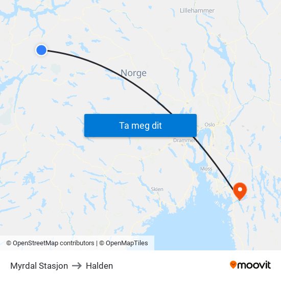 Myrdal Stasjon to Halden map