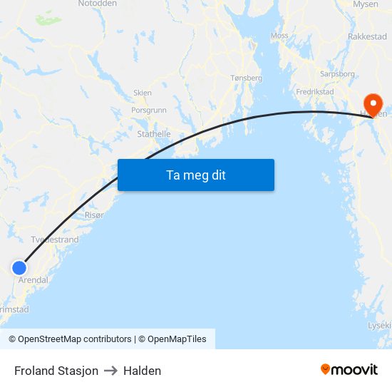 Froland Stasjon to Halden map