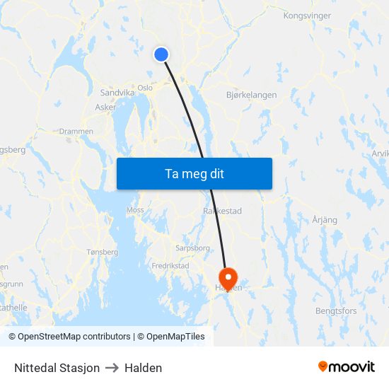 Nittedal Stasjon to Halden map
