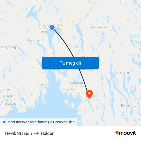 Høvik Stasjon to Halden map