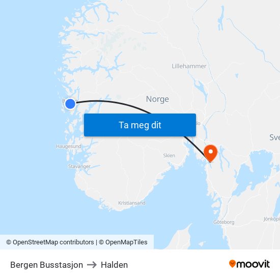 Bergen Busstasjon to Halden map