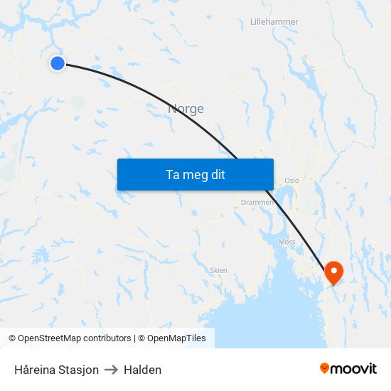 Håreina Stasjon to Halden map