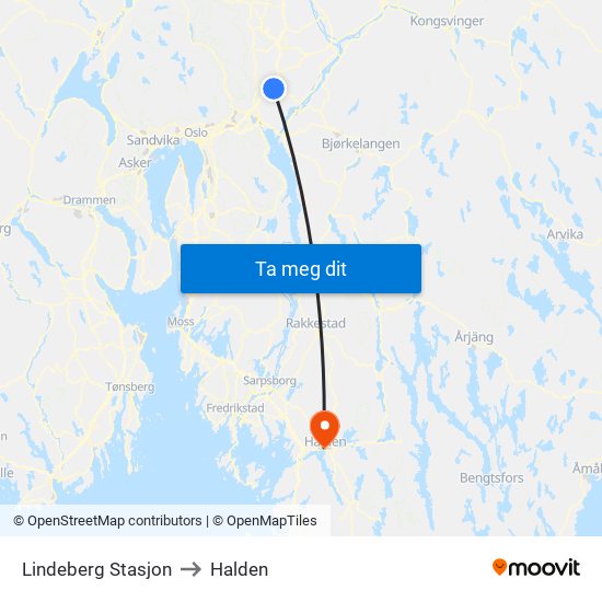 Lindeberg Stasjon to Halden map