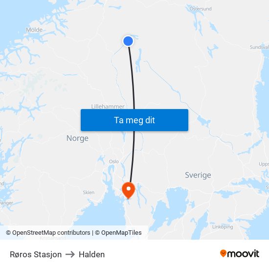 Røros Stasjon to Halden map