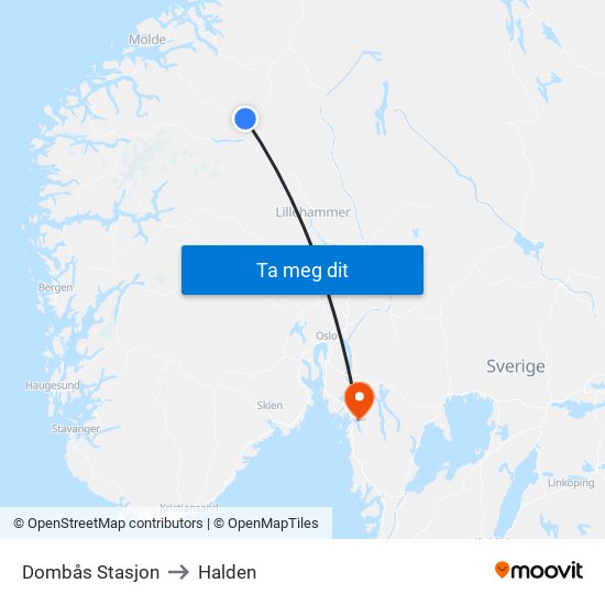 Dombås Stasjon to Halden map