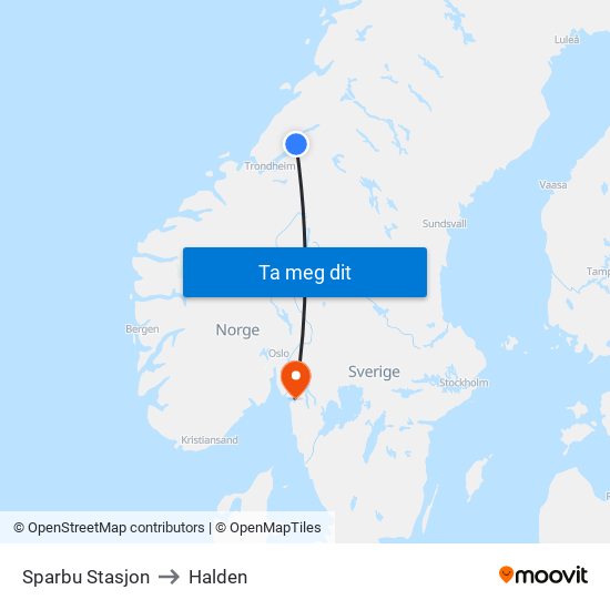 Sparbu Stasjon to Halden map