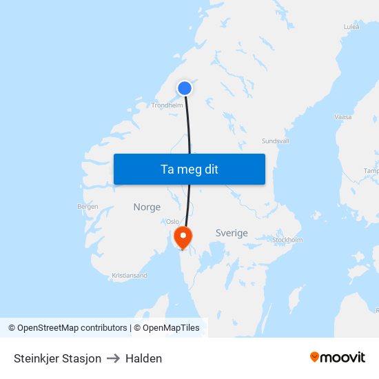Steinkjer Stasjon to Halden map