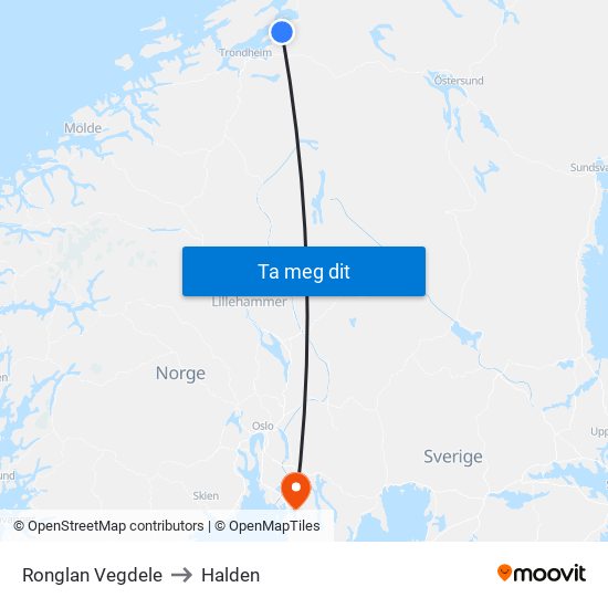 Ronglan Vegdele to Halden map