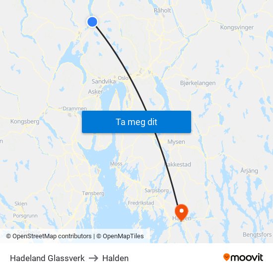 Hadeland Glassverk to Halden map