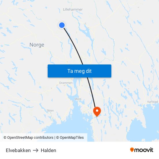 Elvebakken to Halden map