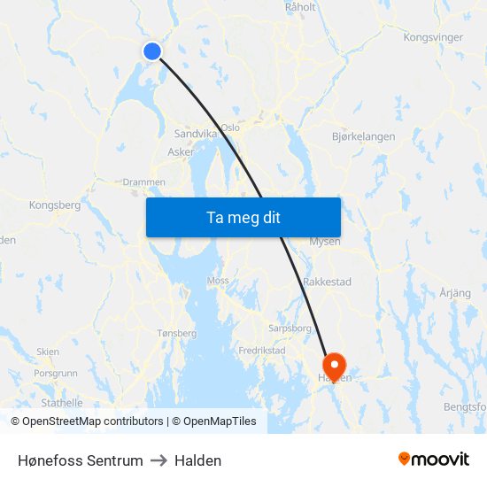 Hønefoss Sentrum to Halden map