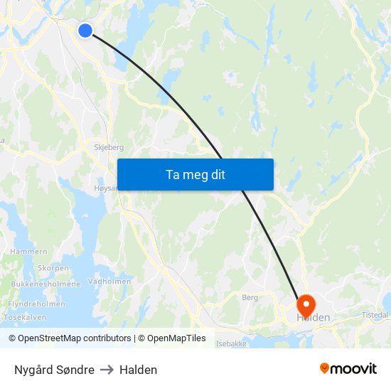 Nygård Søndre to Halden map