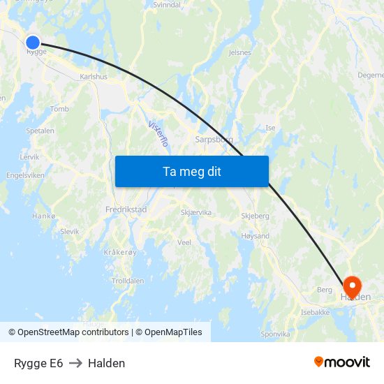 Rygge E6 to Halden map