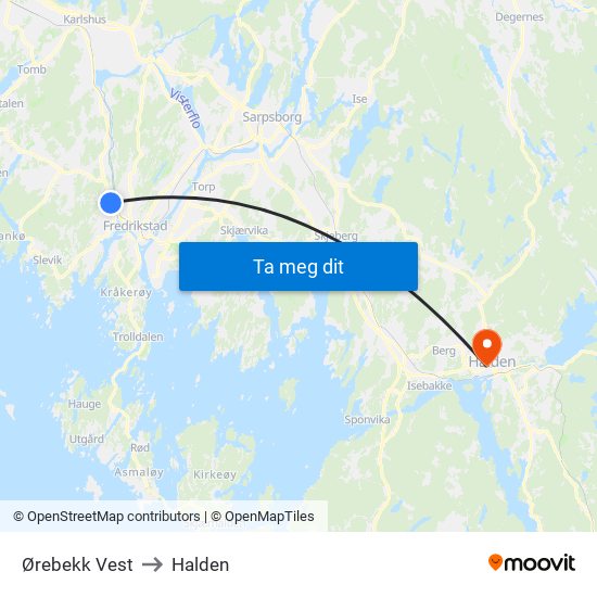 Ørebekk Vest to Halden map