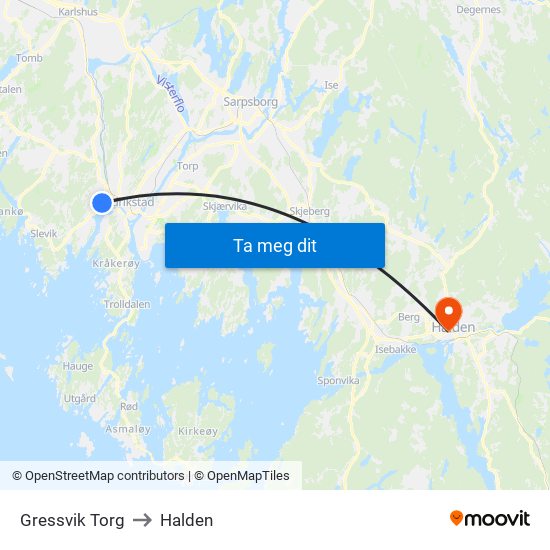 Gressvik Torg to Halden map