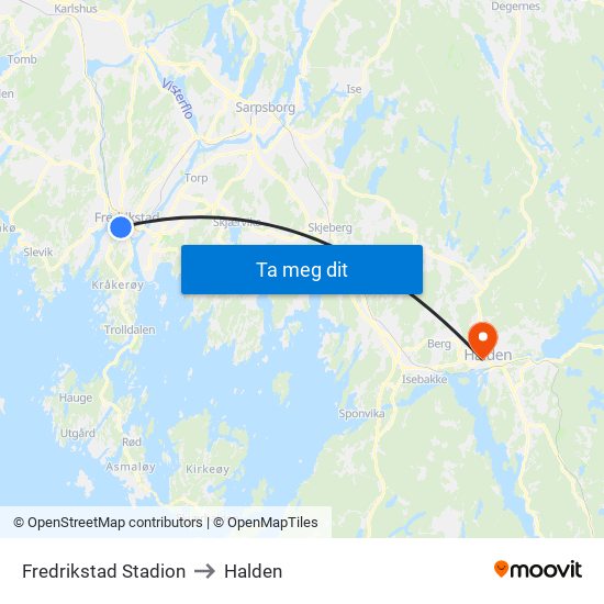 Fredrikstad Stadion to Halden map