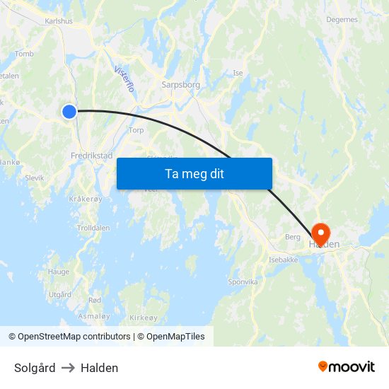 Solgård to Halden map
