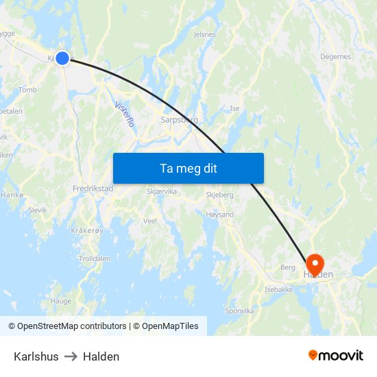Karlshus to Halden map