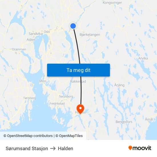 Sørumsand Stasjon to Halden map