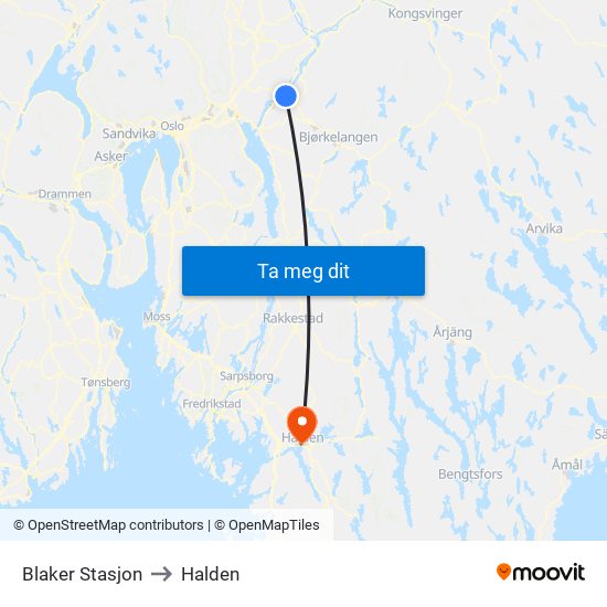 Blaker Stasjon to Halden map