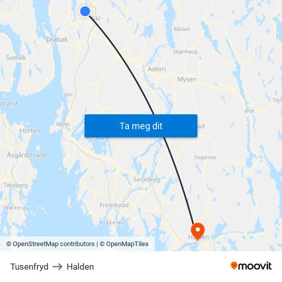 Tusenfryd to Halden map