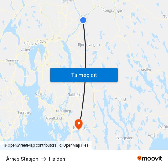 Årnes Stasjon to Halden map