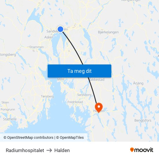 Radiumhospitalet to Halden map