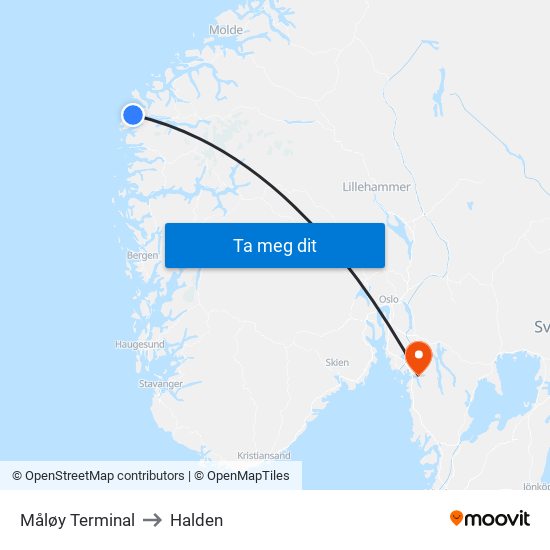 Måløy Terminal to Halden map